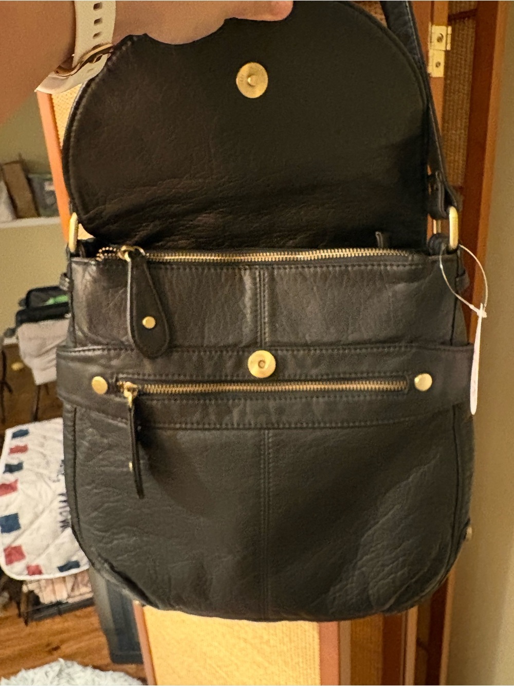 Everyday Black Leather Shoulder Bag with Flap - Picture 2 of 5